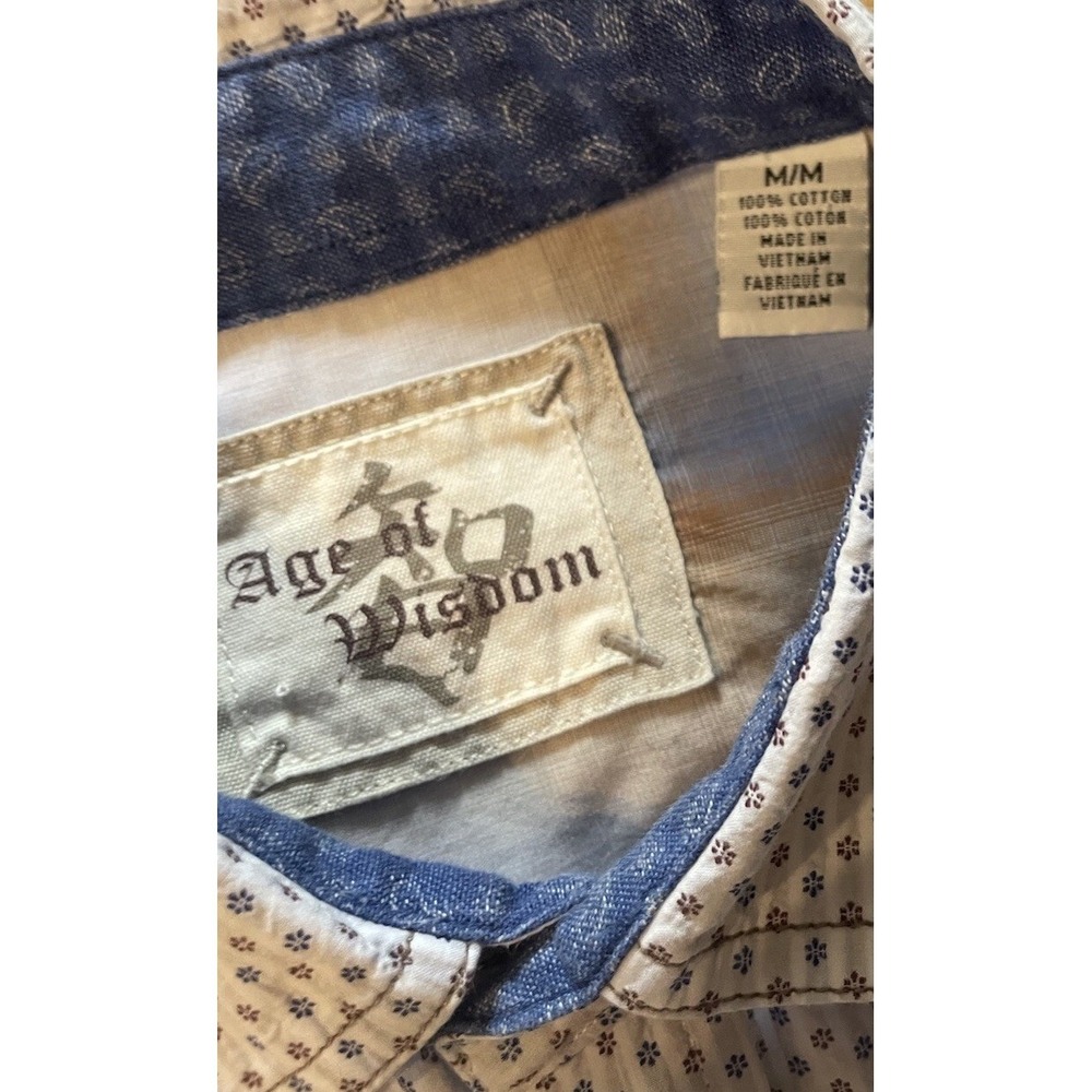 Age of Wisdom Western Pearl Snap Shirt Men Medium White Blue Floral Indie Cowboy - Picture 7 of 8